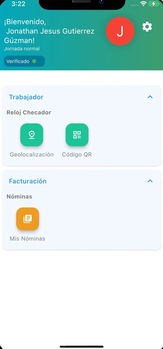 Home de la app con módulo de reloj checador, geolocalización y código QR