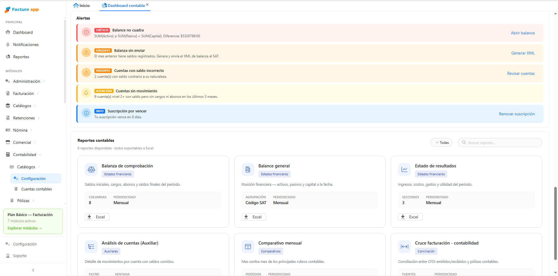 Alertas contables en Facture app Contabilidad: balance, balanza y cuentas por revisar