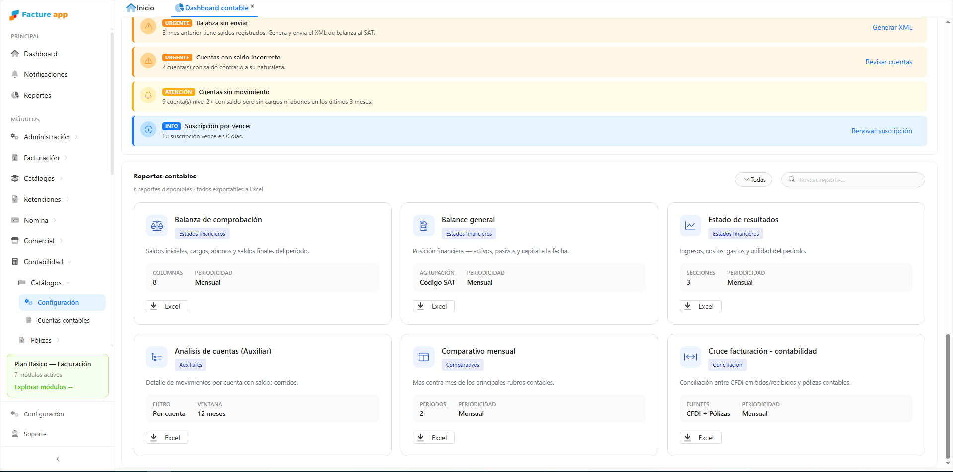 Seis reportes contables exportables a Excel en Facture app Contabilidad