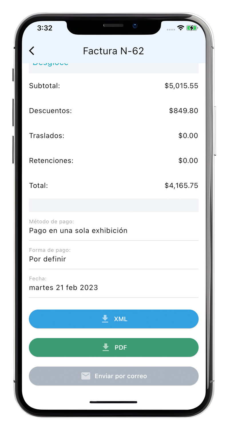 Recibo de nómina con descarga de XML y PDF en la app móvil de Facture app Nómina