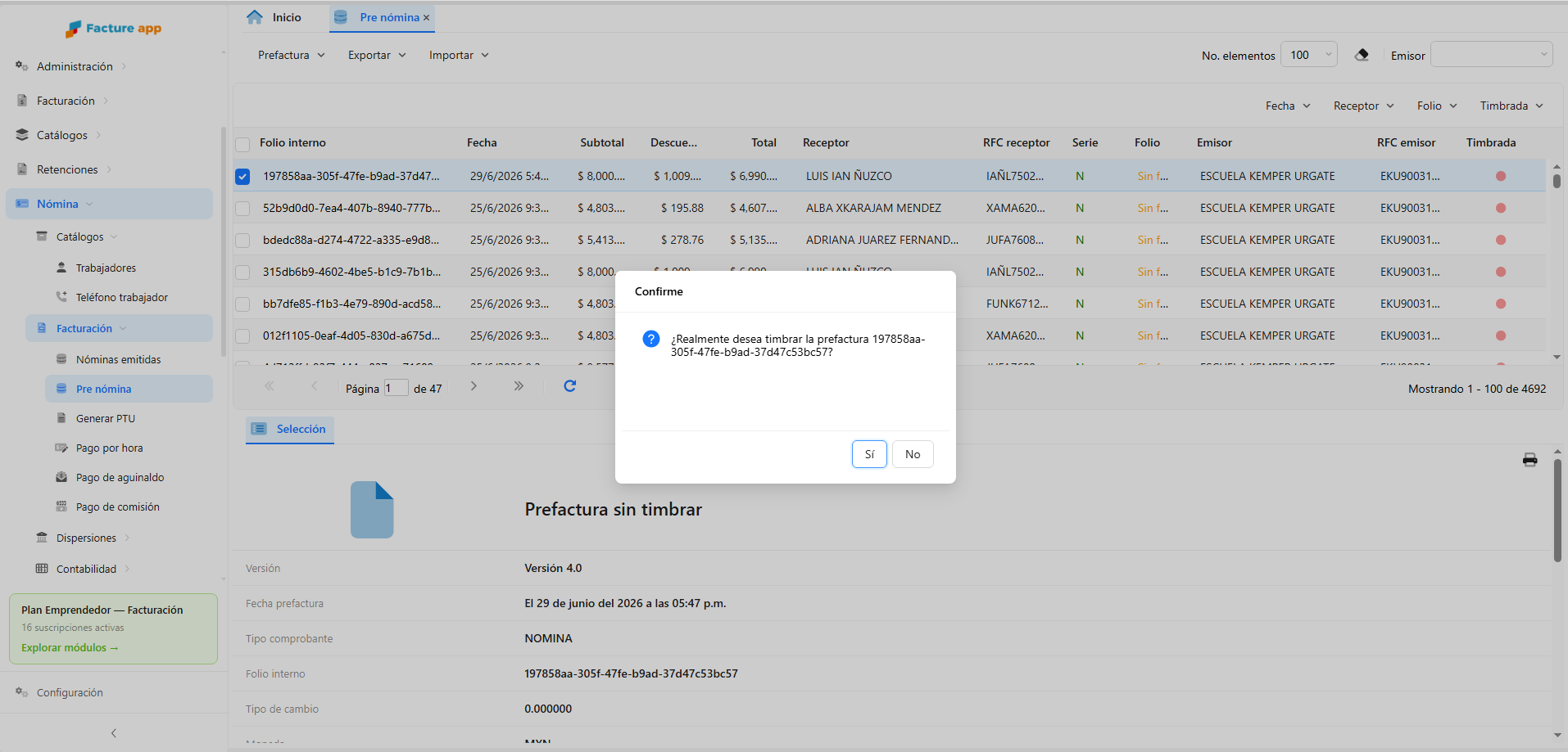 Recibos de nómina timbrados con CFDI 4.0 en Facture app Nómina