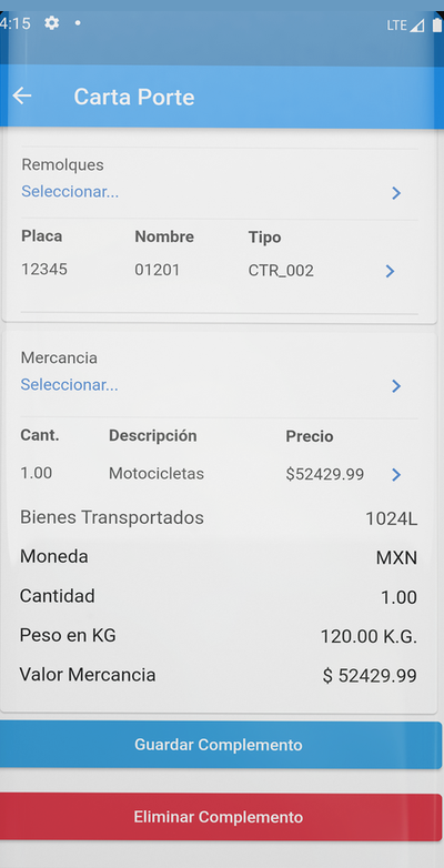 Complemento Carta Porte con remolques y mercancía en la app móvil de Facture app