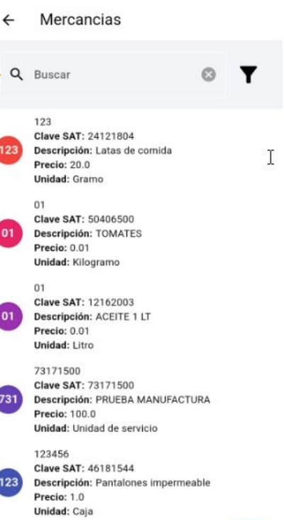 Catálogo de mercancías de Carta Porte en la app móvil de Facture app