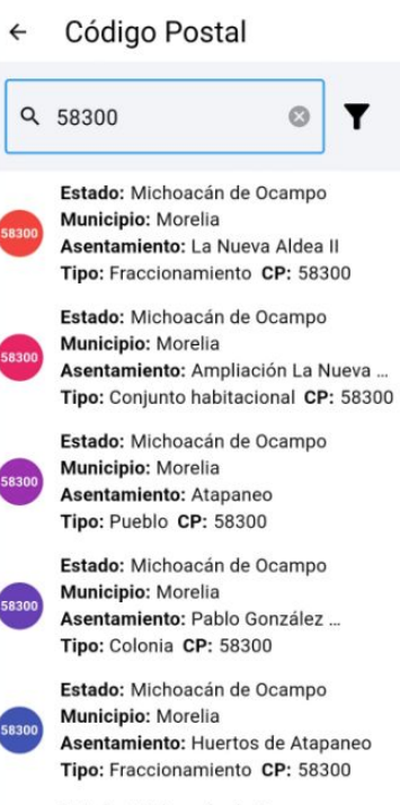 Búsqueda de ubicaciones por código postal en la app móvil de Facture app