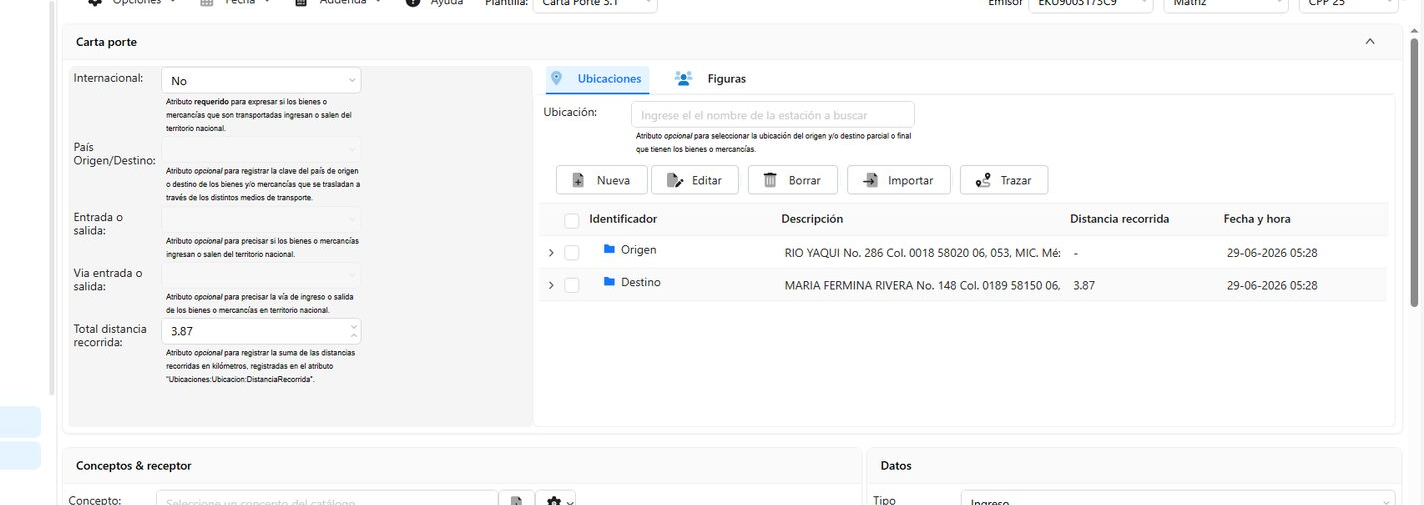 Configuración del destino y las ubicaciones del traslado en Facture app Carta Porte