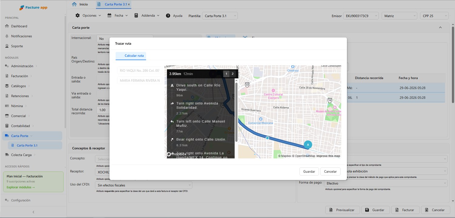 Trazo de ruta en mapa para el complemento Carta Porte en Facture app