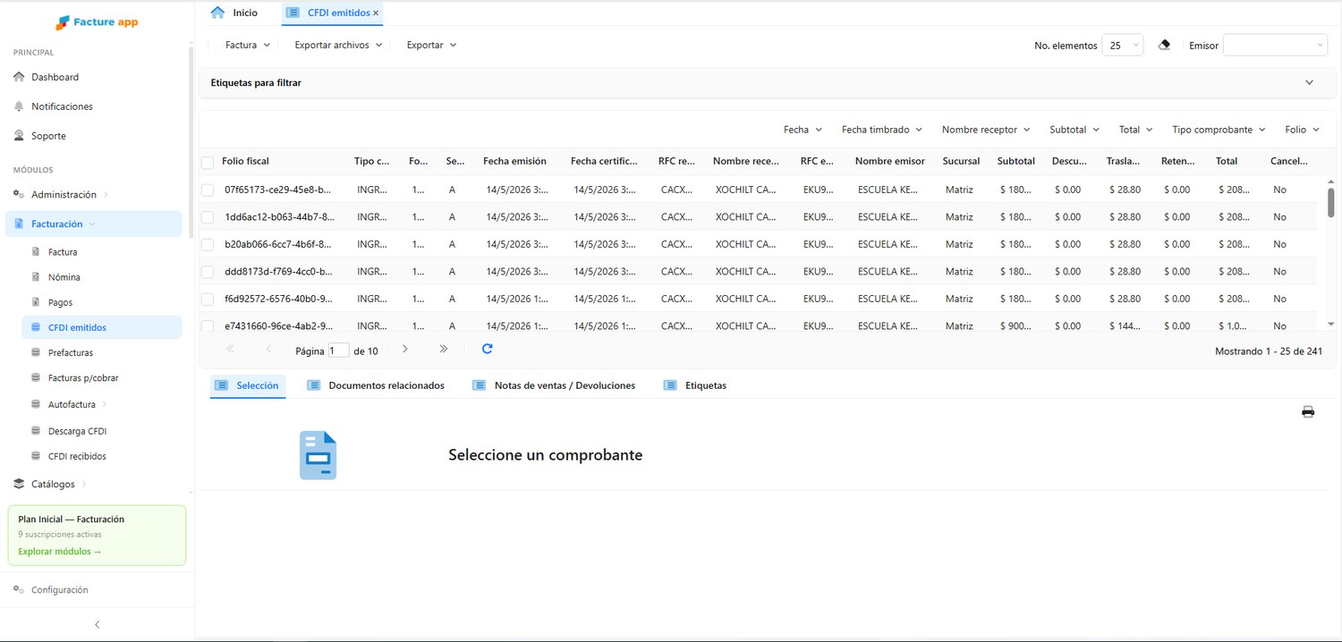 Administración de CFDI emitidos en Facture app con filtros por fecha, receptor y estatus