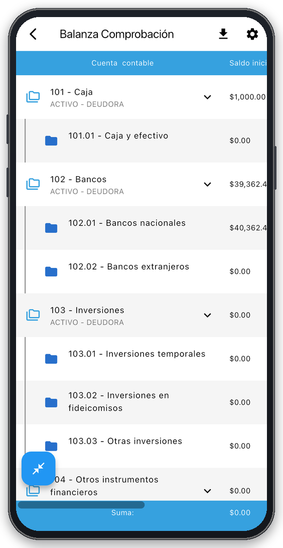 Balanza de comprobación en la app móvil de Contabilidad de Facture app