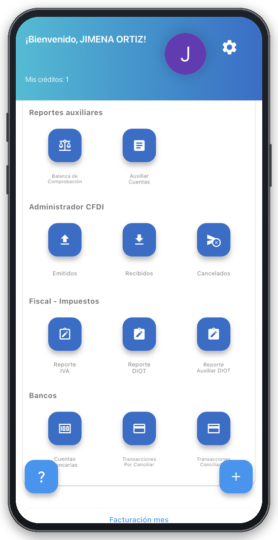 Inicio de la app móvil de Contabilidad de Facture app: reportes auxiliares, administrador CFDI, fiscal y bancos