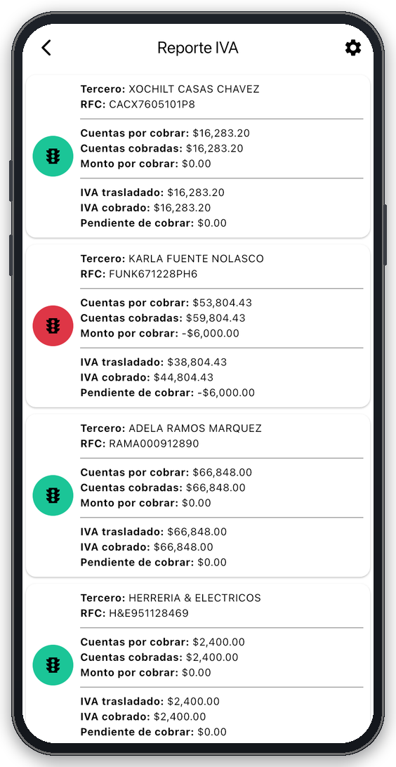 Reporte de IVA por tercero en la app móvil de Contabilidad de Facture app