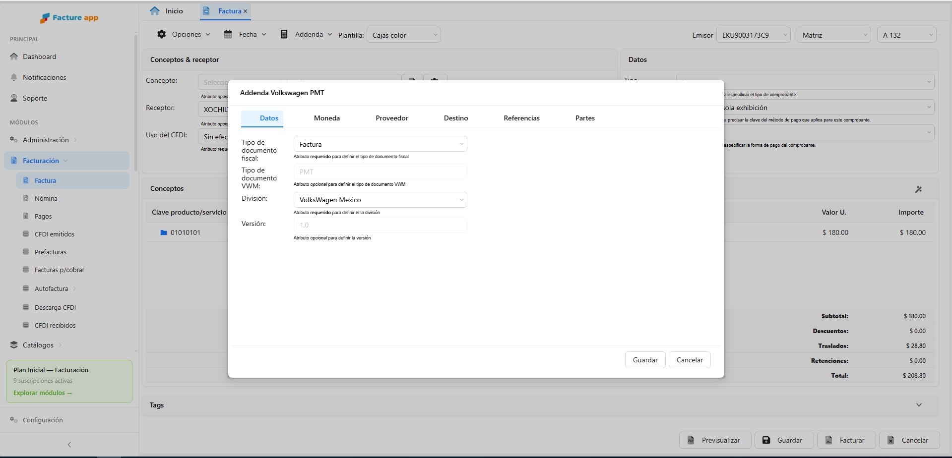 Formulario de addenda dentro de la factura en Facture app
