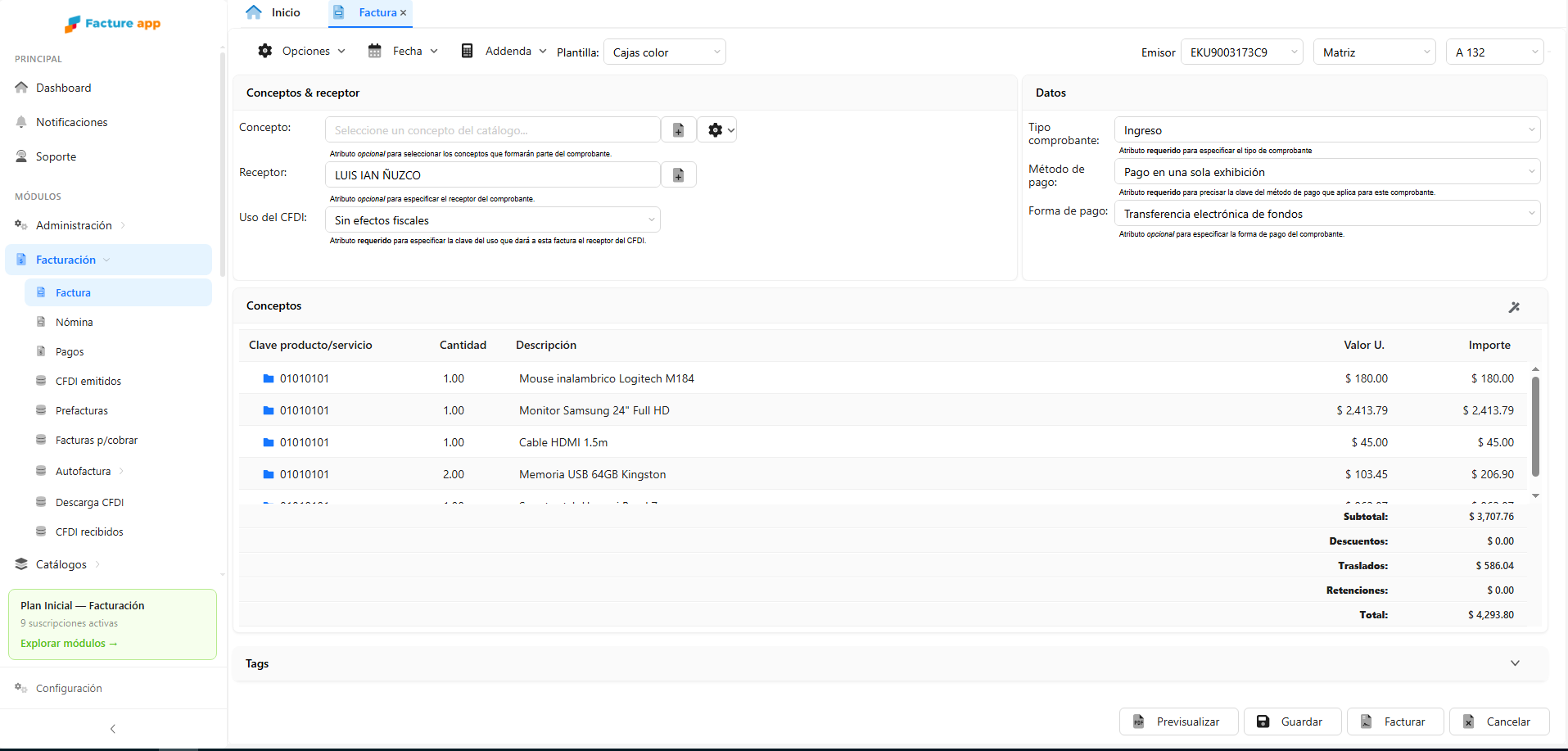 Captura de un CFDI 4.0 de ingreso en Facture app con tipo de comprobante, uso del CFDI y conceptos