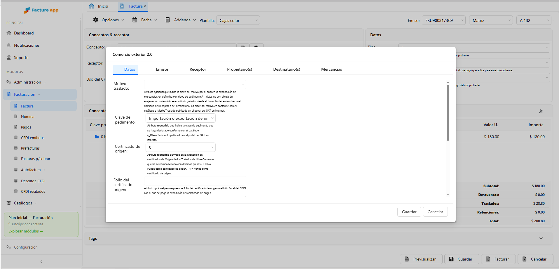 Complemento Comercio Exterior 2.0 en Facture app