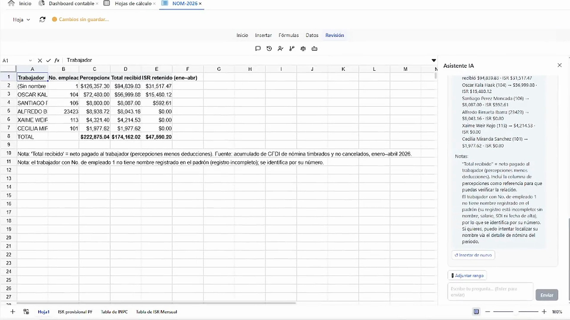 Papel de trabajo generado por el asistente en la hoja de cálculo de Facture app, con la tabla por trabajador y sus totales