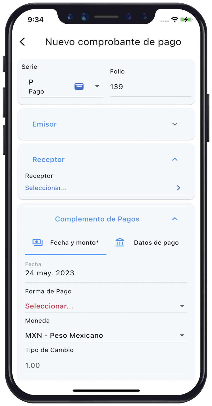 Complemento de pagos en la app móvil de Facture app