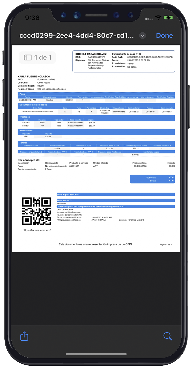 CFDI timbrado en PDF en la app móvil de Facture app
