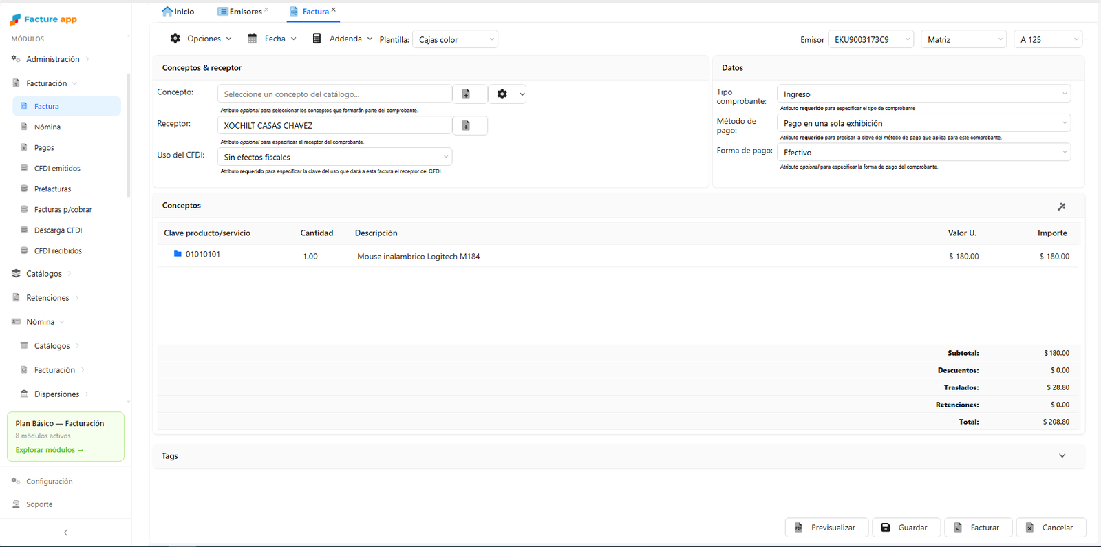Pantalla de nueva factura CFDI 4.0 en Facture app: conceptos, receptor, forma de pago y totales