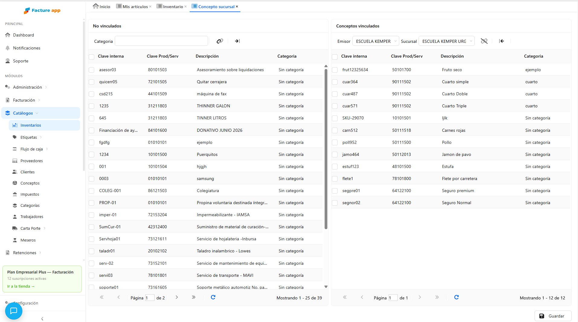 Módulo de Inventarios de Facture app: conceptos vinculados a cada sucursal